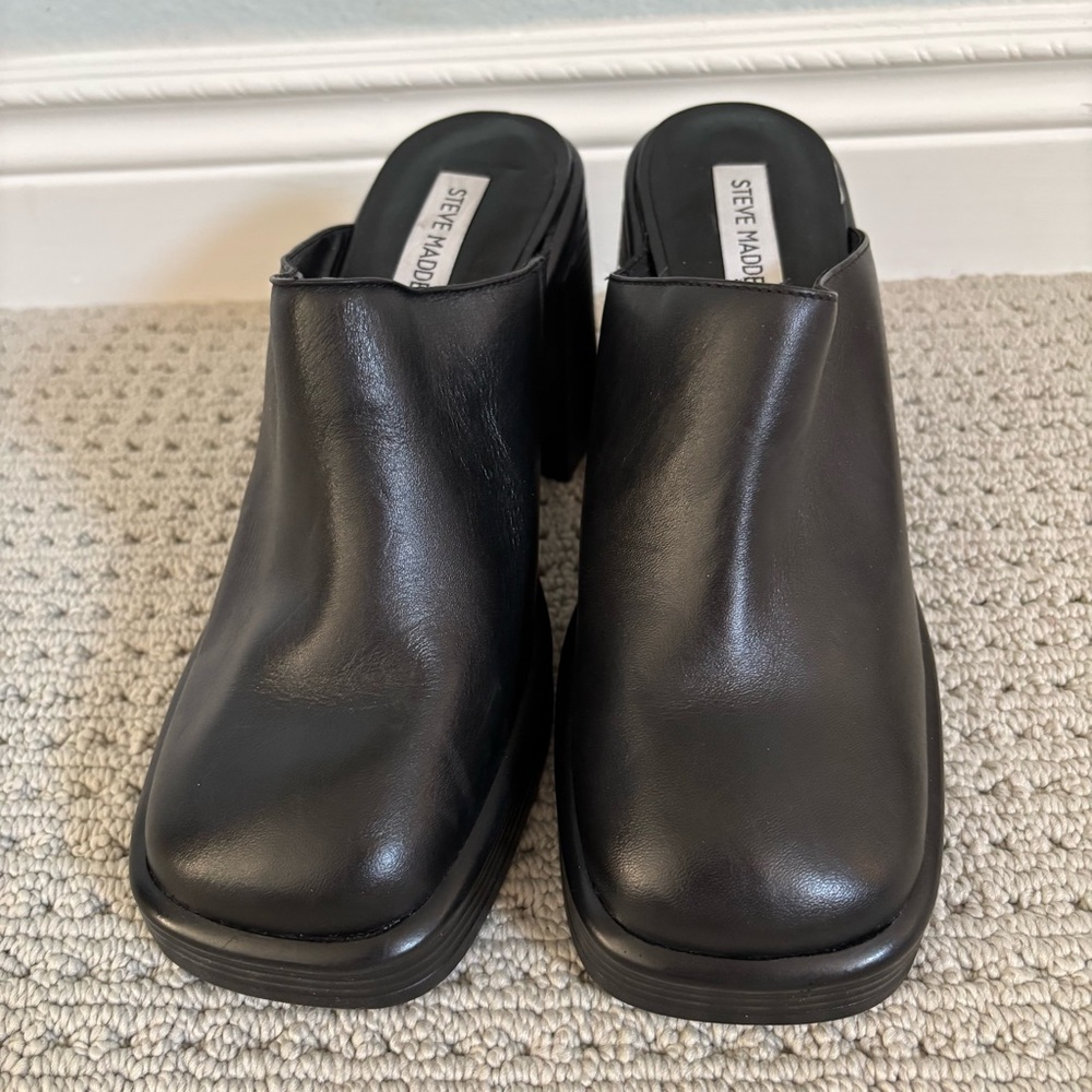 New Steve Madden Flirtie Black Leather Platform Mules with Heel Size 8.5 - Picture 4 of 6